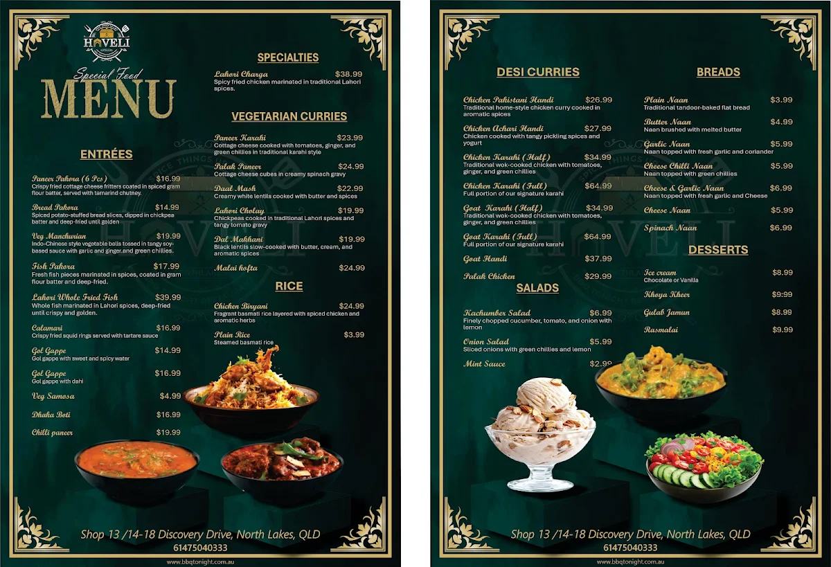 Menu, Haveli North Lakes