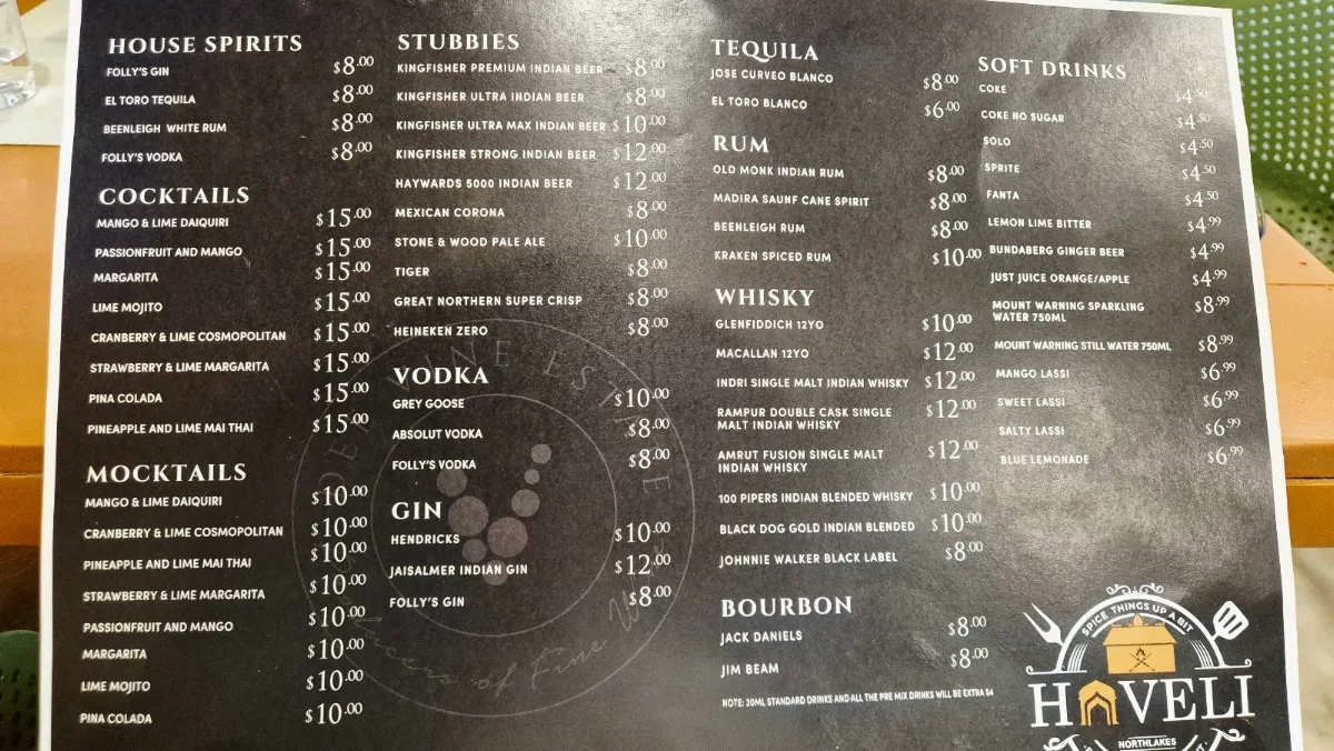 Menu, Haveli North Lakes