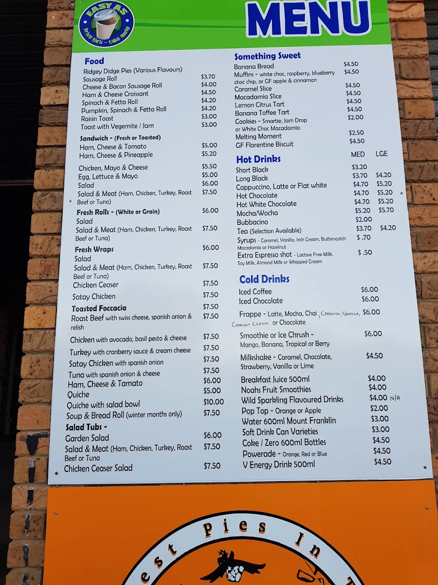 Menu, Ridgey Didge Pies Armidale