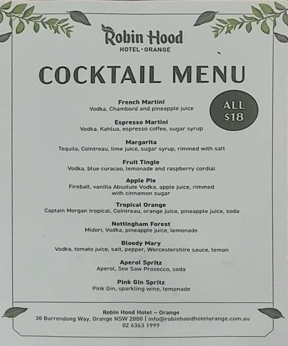Menu, Robin Hood Hotel Orange