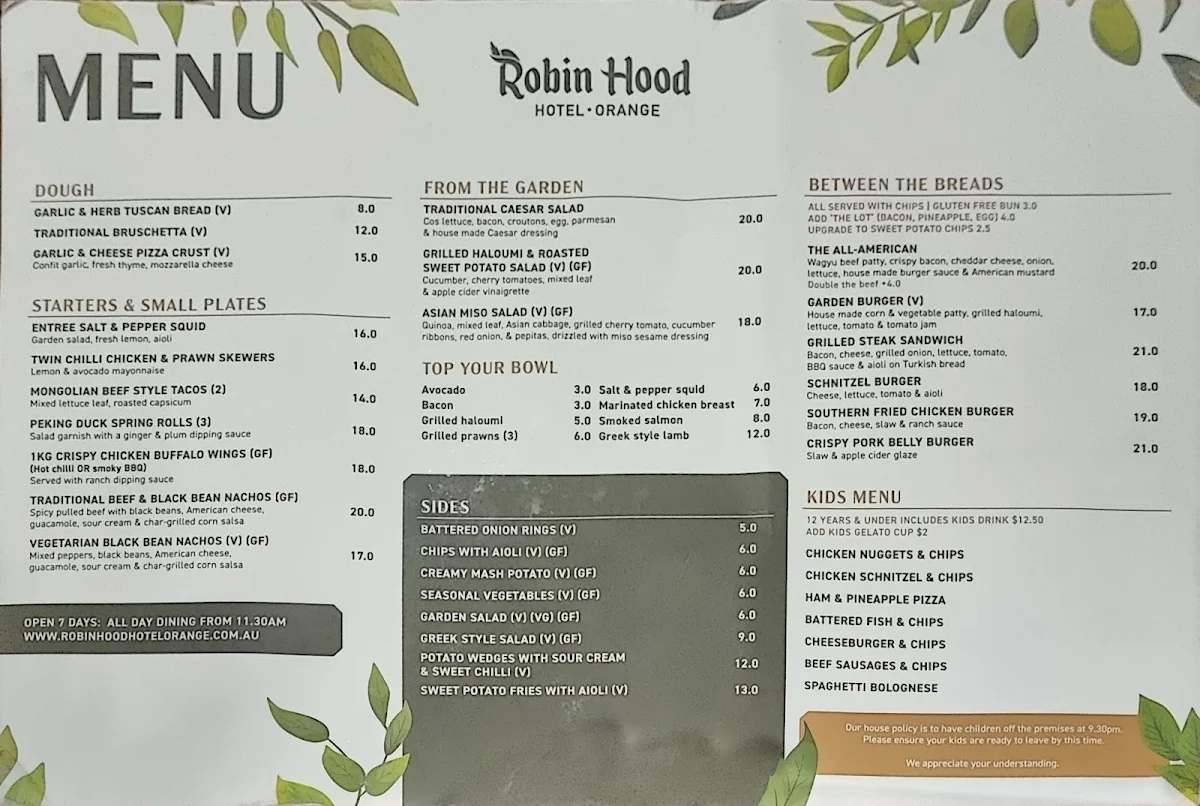 Menu, Robin Hood Hotel Orange