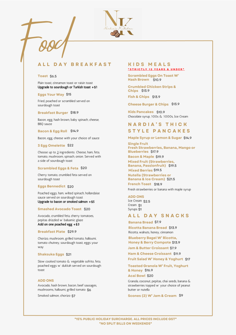 Menu, Nardia's Kitchen Wollongong