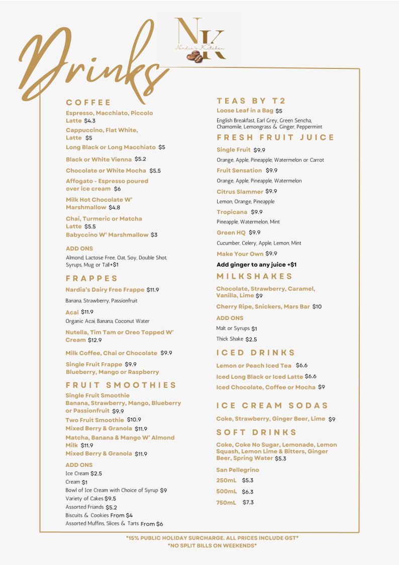 Menu, Nardia's Kitchen Wollongong