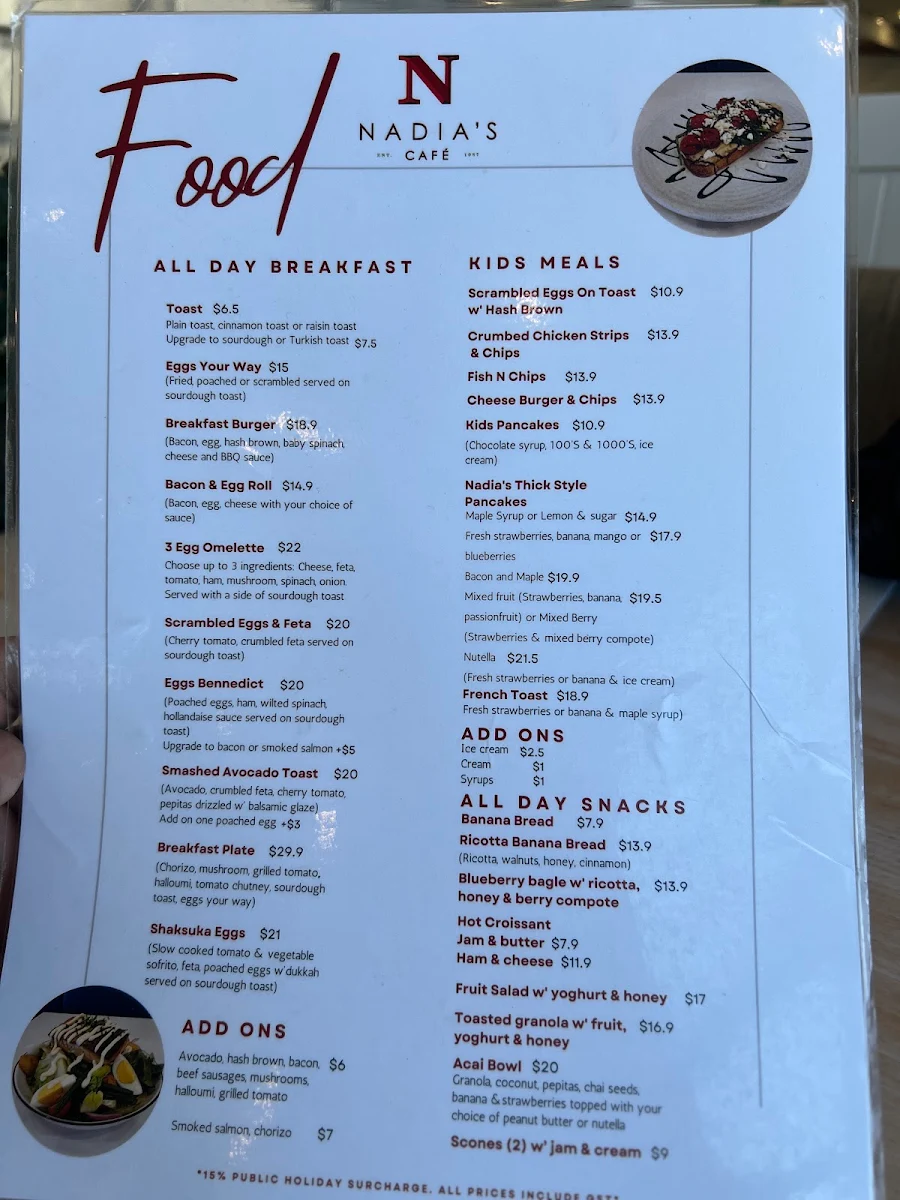 Menu, Nardia's Kitchen Wollongong