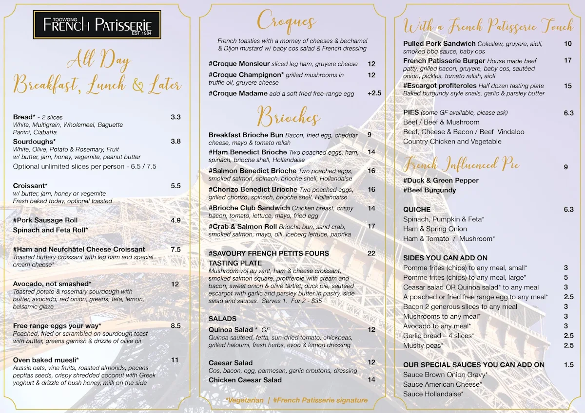 Menu, Toowong French Patisserie