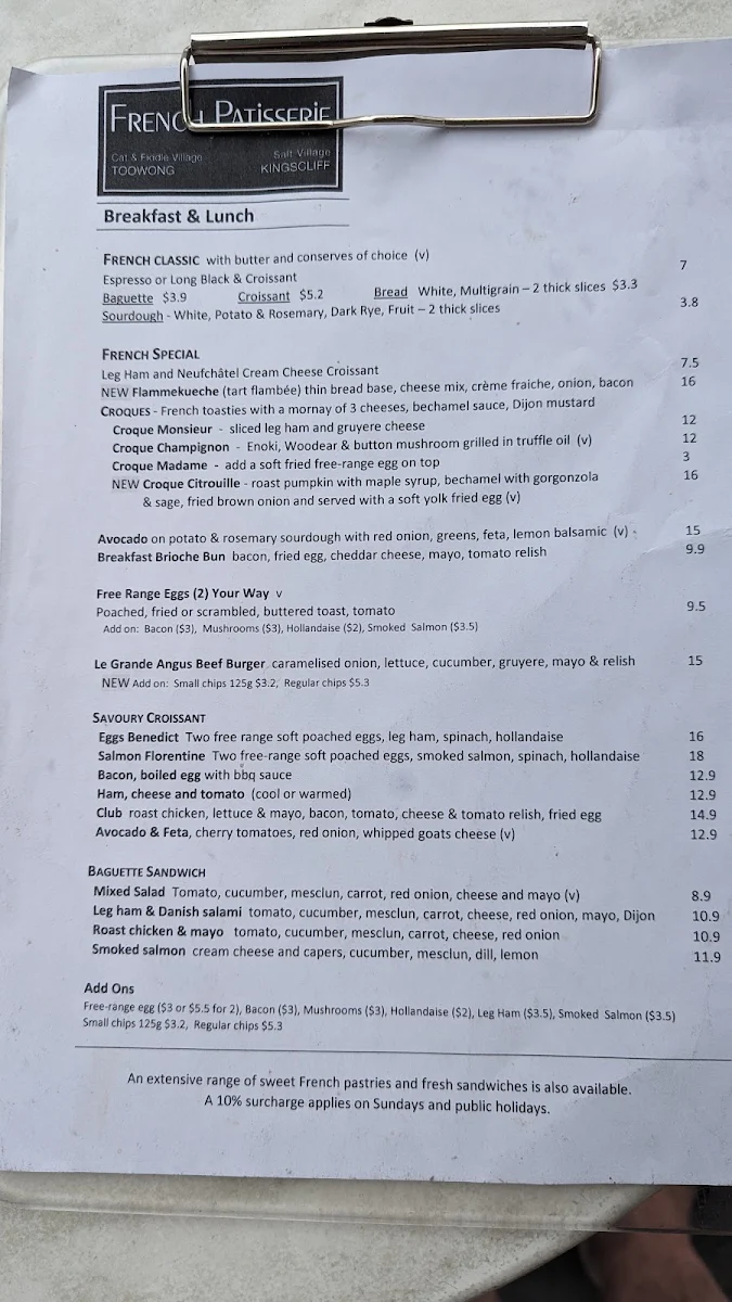 Menu, Toowong French Patisserie