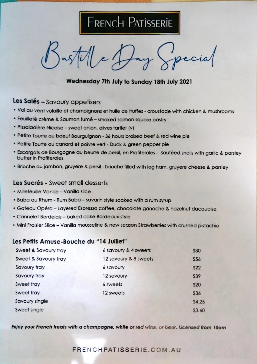 Menu, Toowong French Patisserie