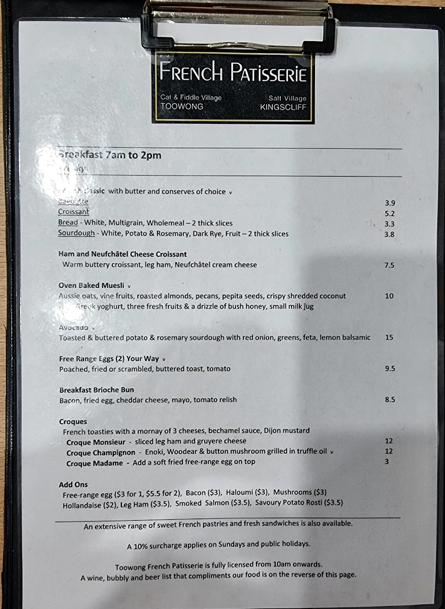 Menu, Toowong French Patisserie