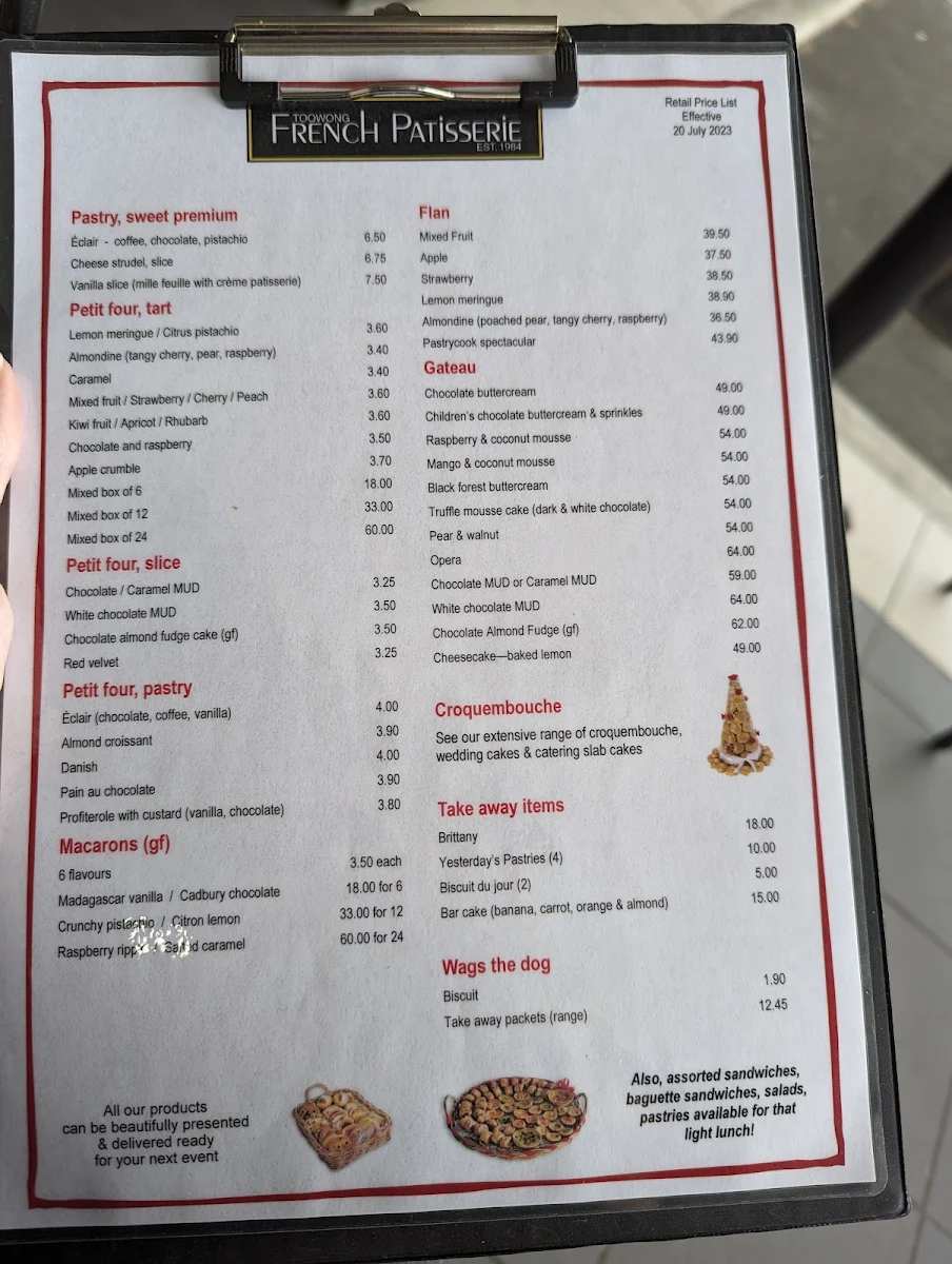 Menu, Toowong French Patisserie