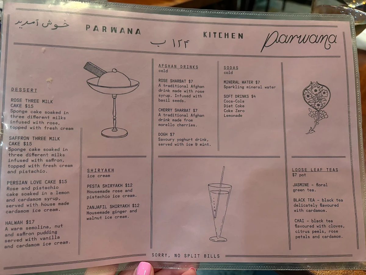 Menu, Parwana Afghan Kitchen