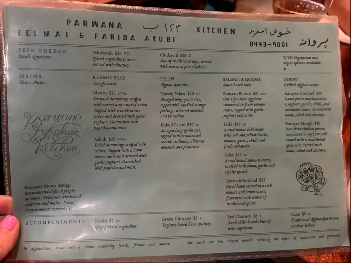 Menu, Parwana Afghan Kitchen