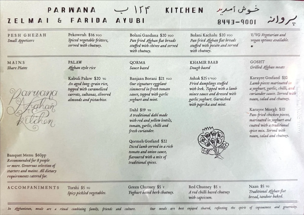 Menu, Parwana Afghan Kitchen