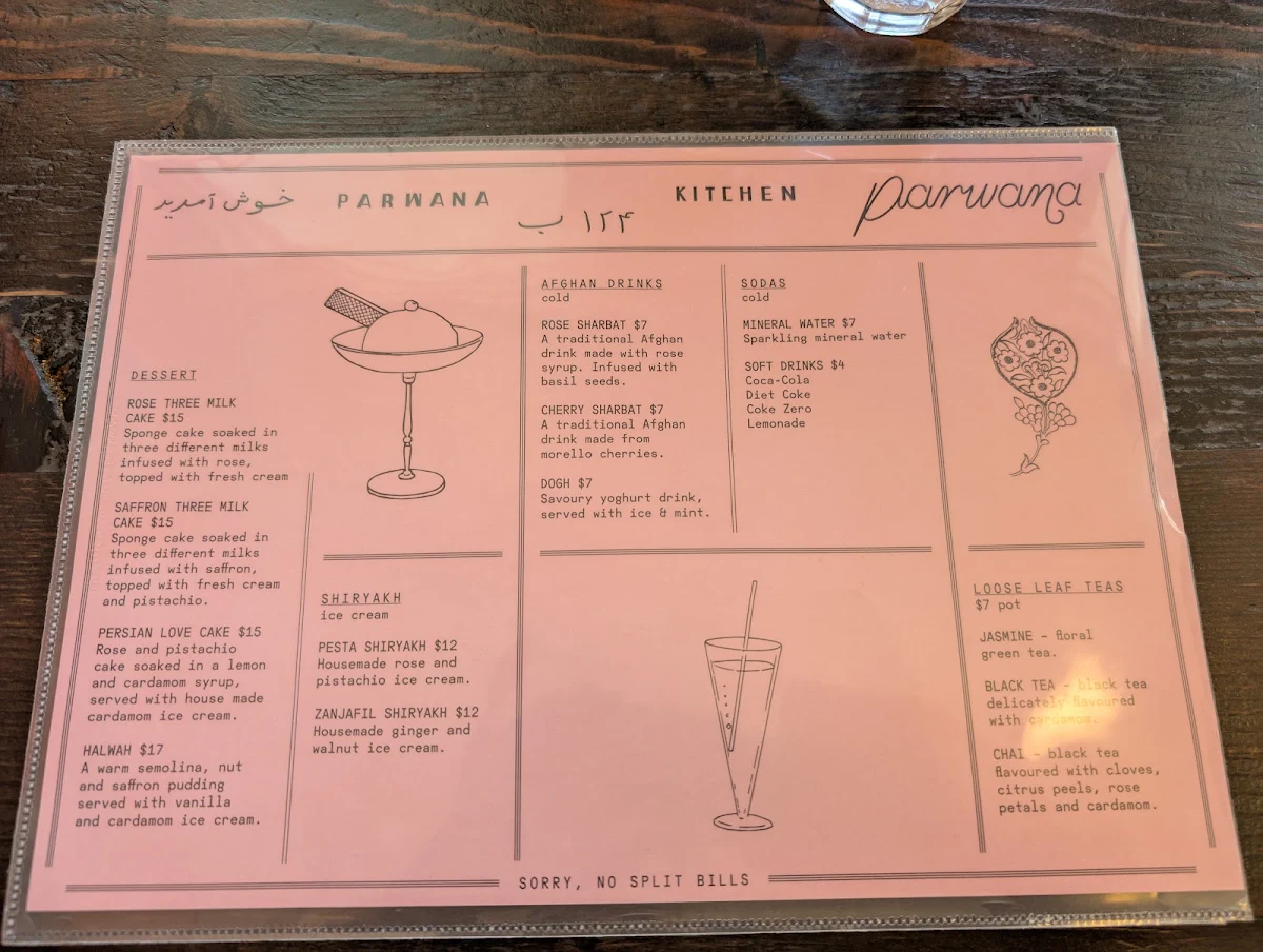 Menu, Parwana Afghan Kitchen
