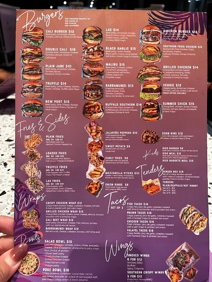 Menu, Cali Burgers Oran Park