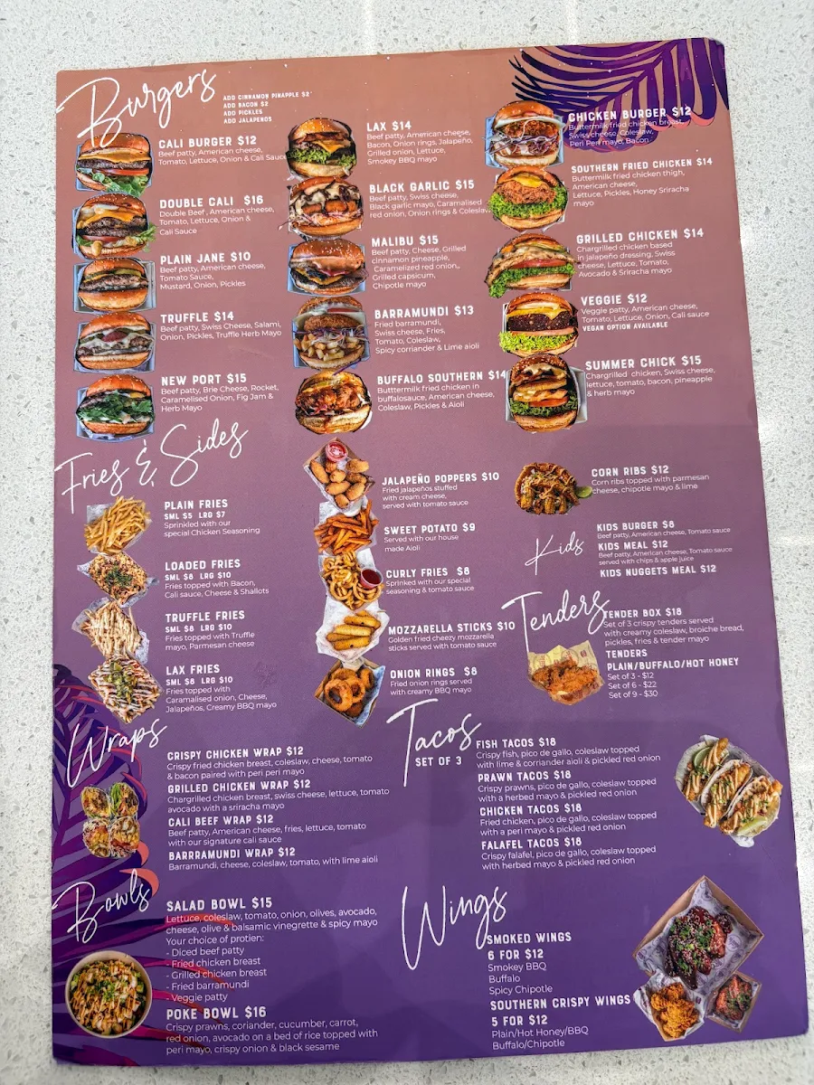Menu, Cali Burgers Oran Park
