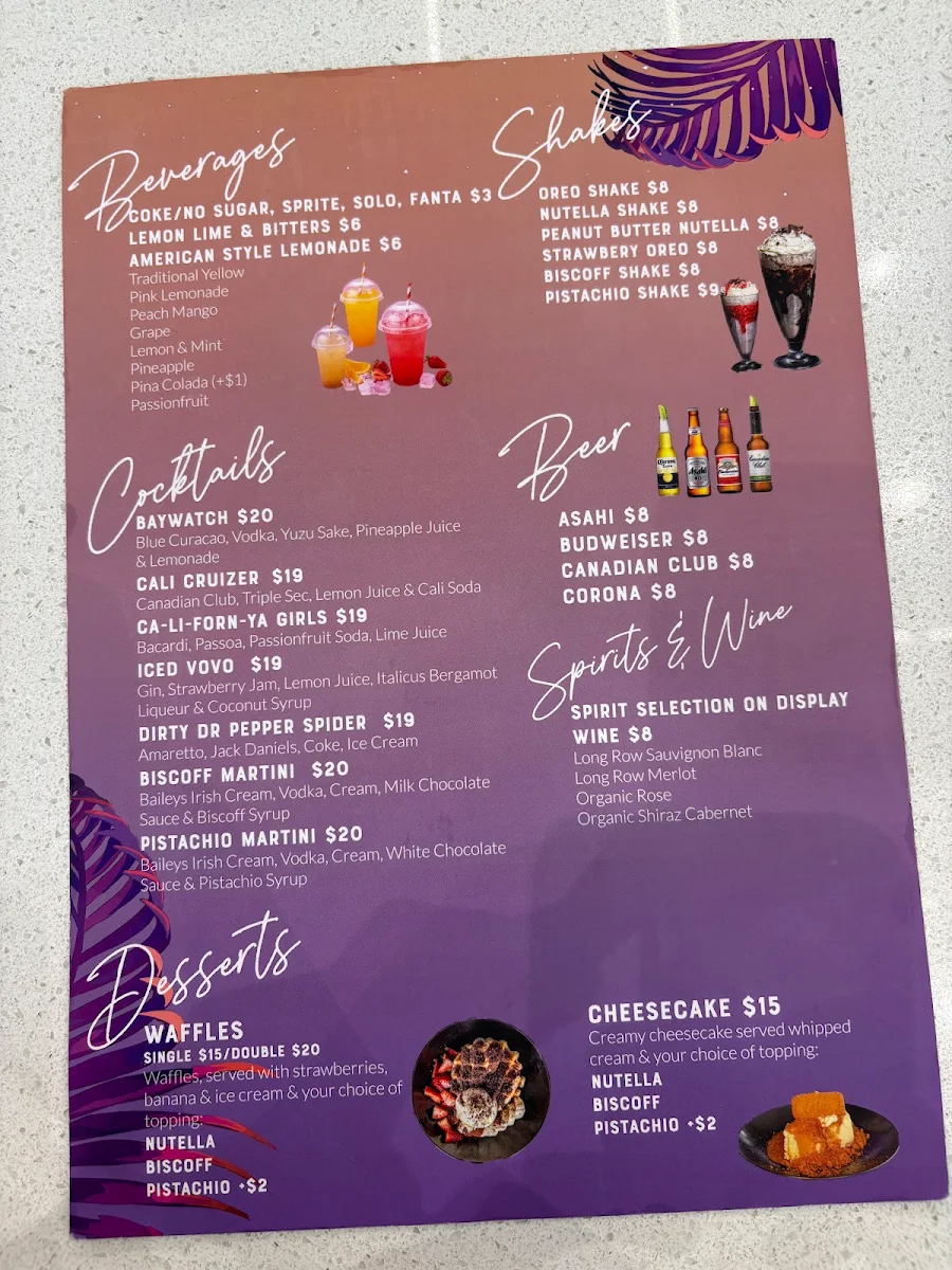 Menu, Cali Burgers Oran Park