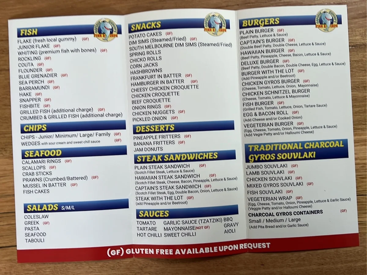 Menu, Captain Gummys Fish & Chips Frankston