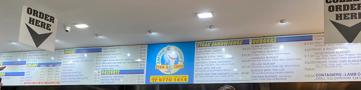 Menu, Captain Gummys Fish & Chips Frankston