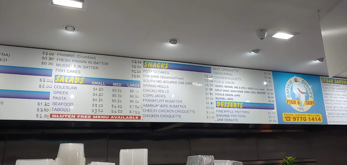 Menu, Captain Gummys Fish & Chips Frankston