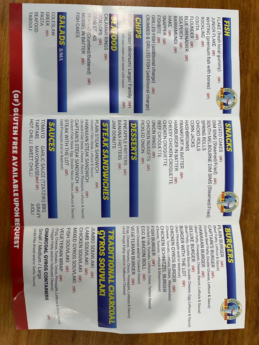 Menu, Captain Gummys Fish & Chips Frankston