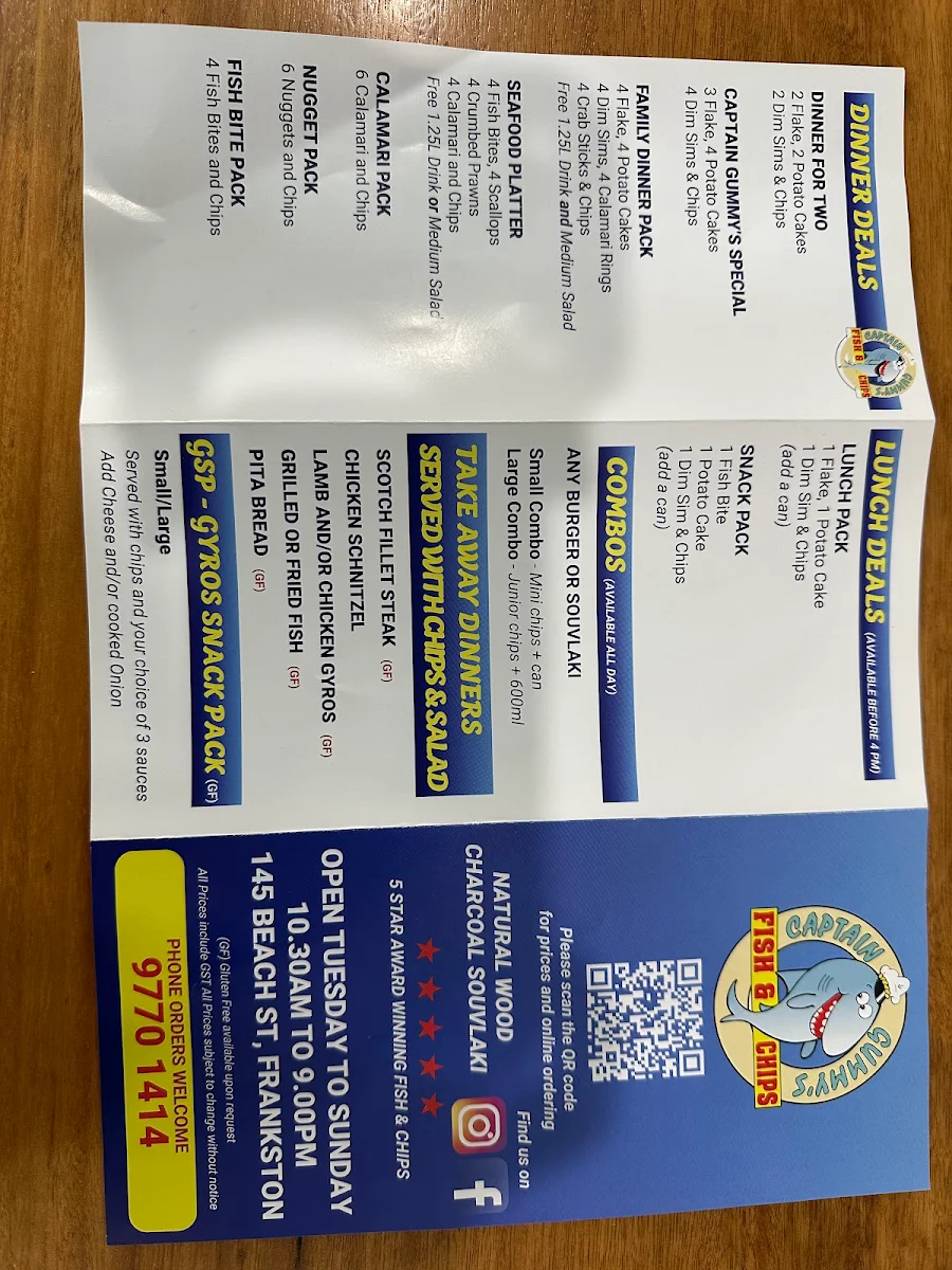 Menu, Captain Gummys Fish & Chips Frankston