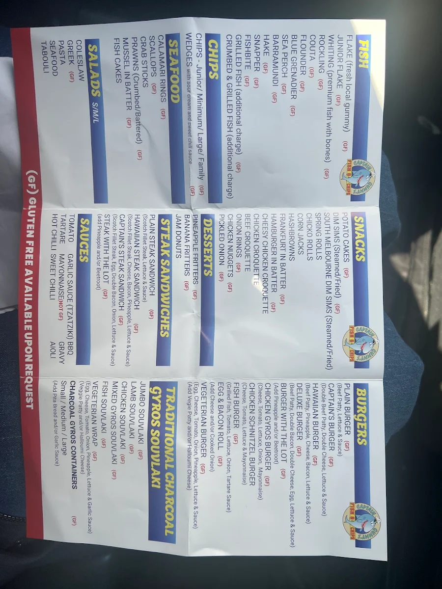 Menu, Captain Gummys Fish & Chips Frankston