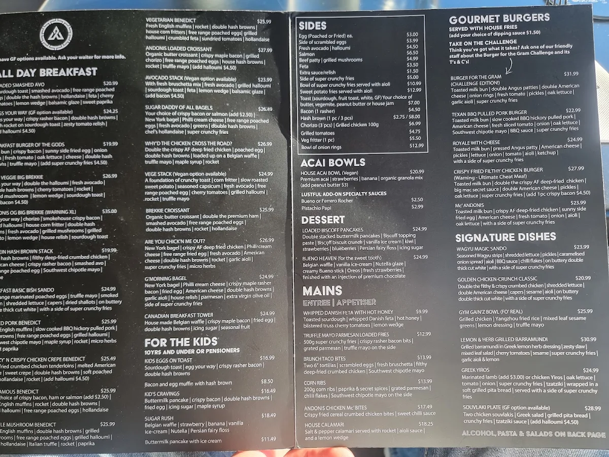 Menu, Andonis Cafe & Bar, Manly