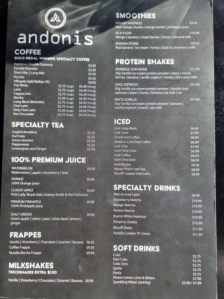 Menu, Andonis Cafe & Bar, Manly