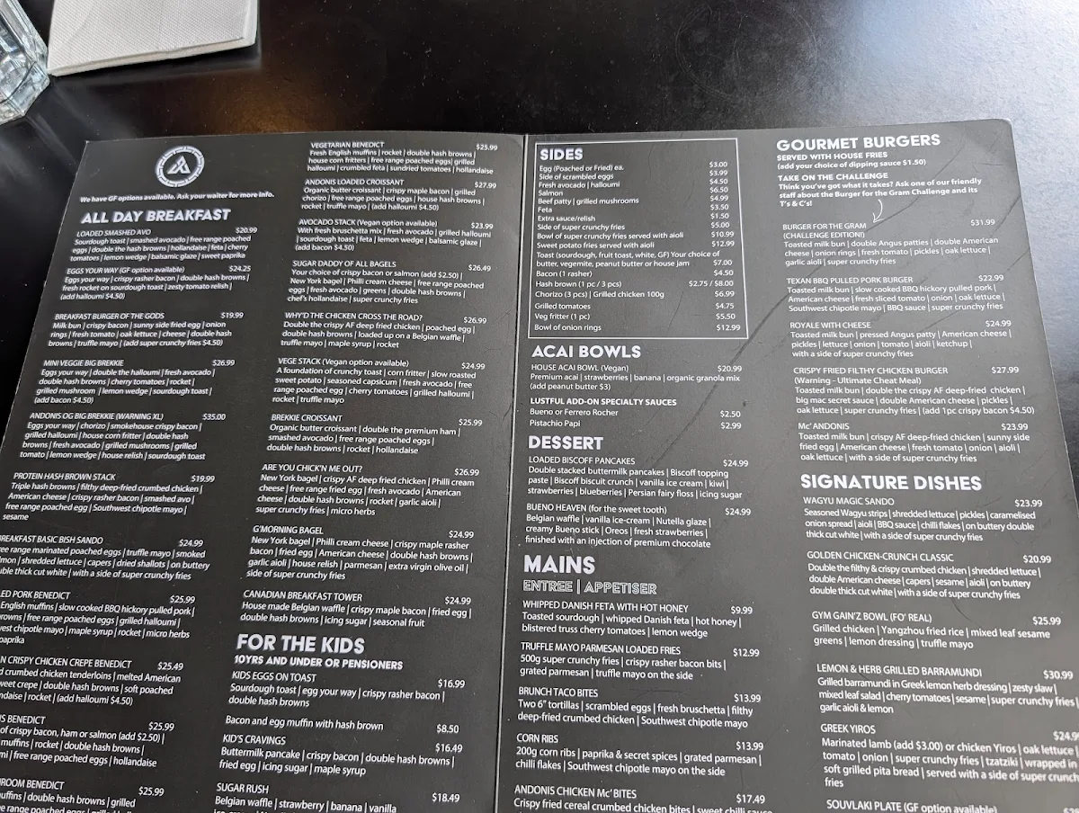 Menu, Andonis Cafe & Bar, Manly