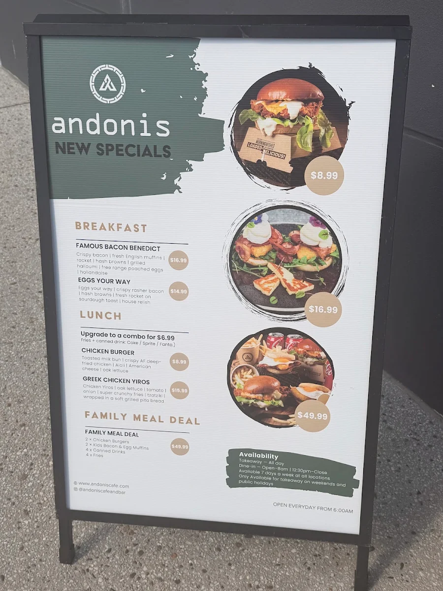 Menu, Andonis Cafe & Bar, Manly