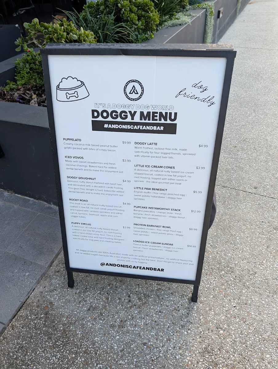 Menu, Andonis Cafe & Bar, Manly