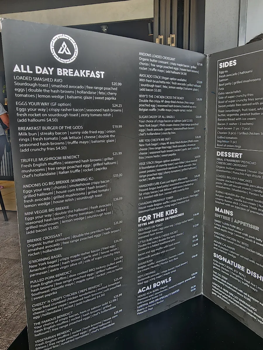 Menu, Andonis Cafe & Bar, Manly