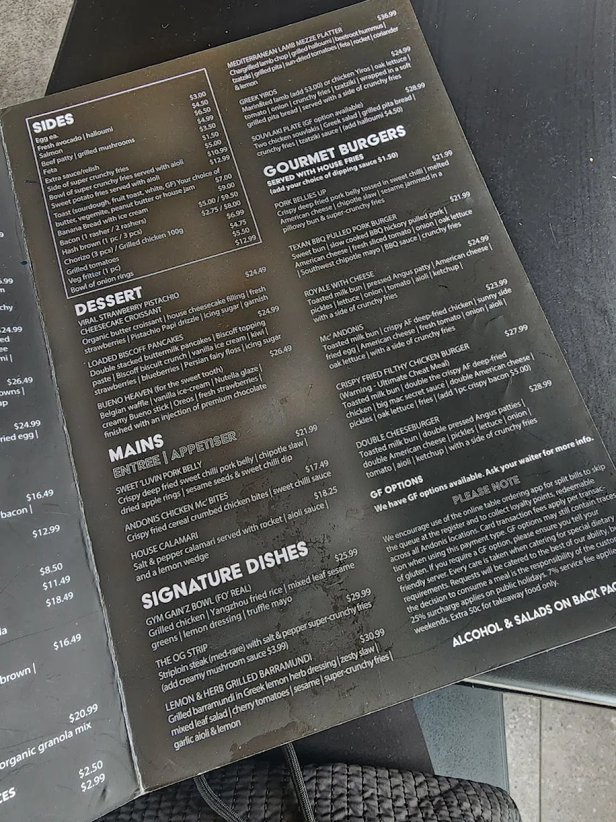 Menu, Andonis Cafe & Bar, Manly