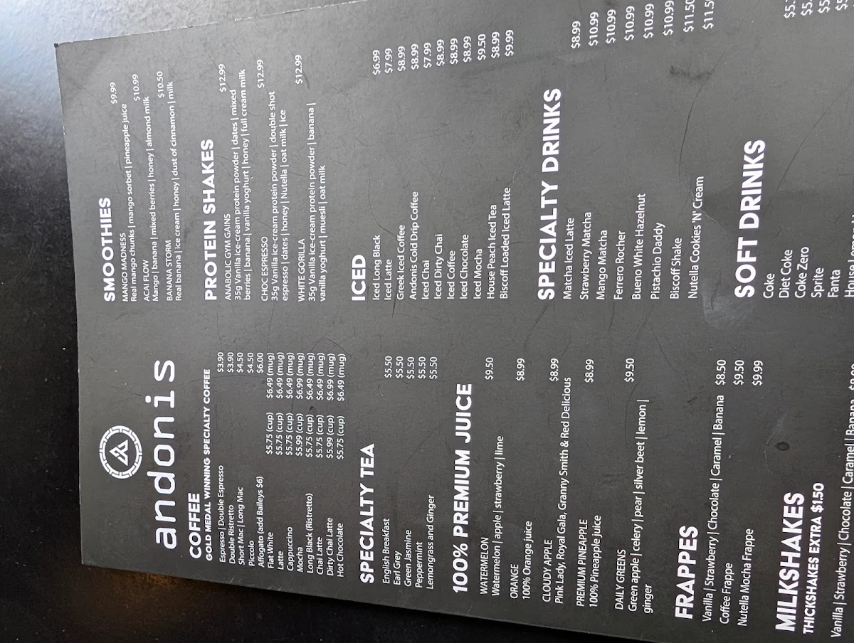 Menu, Andonis Cafe & Bar, Manly