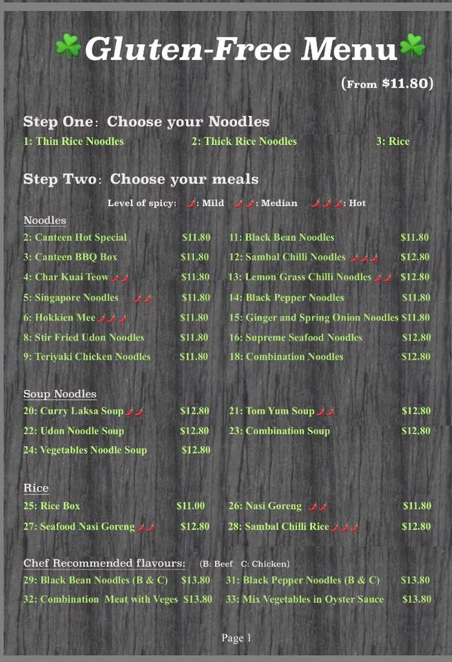Menu, Wodonga Noodle Canteen