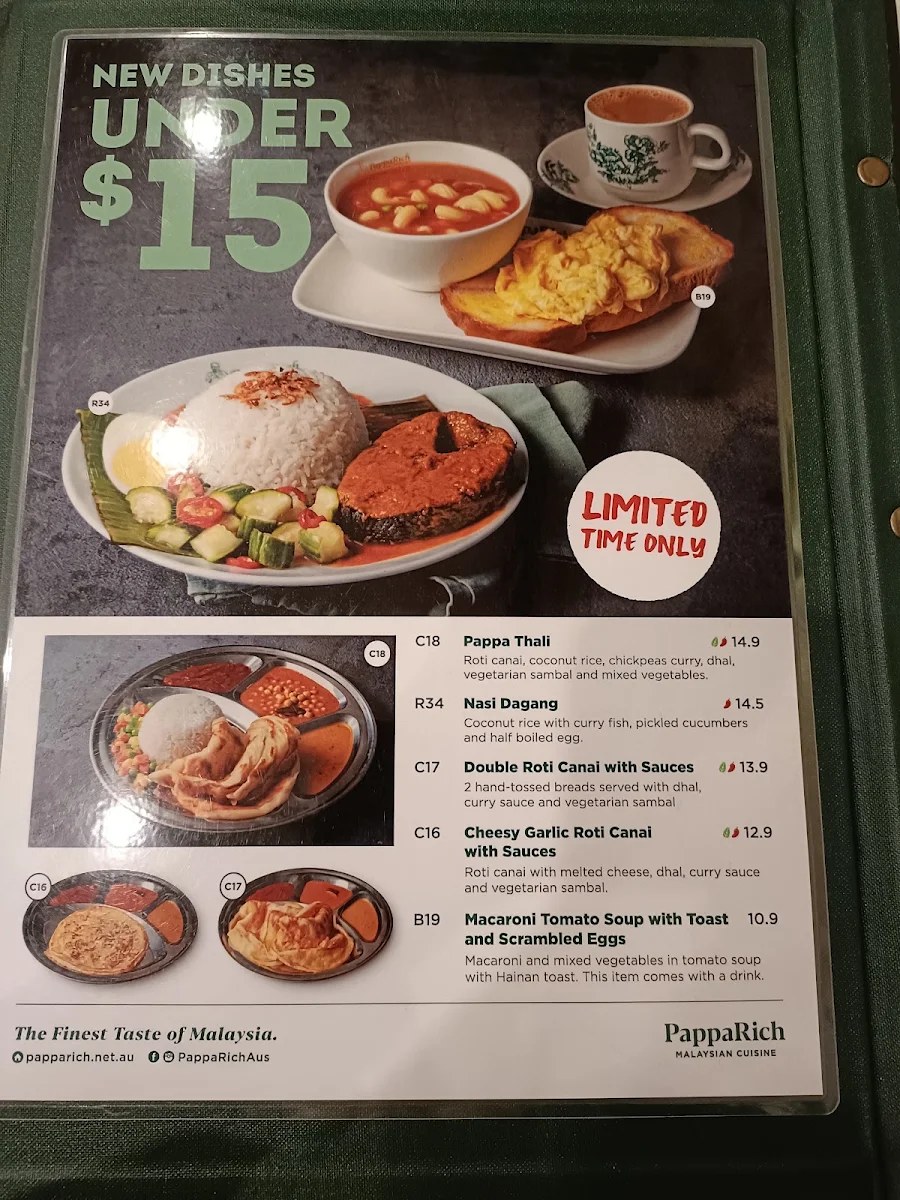 Menu, PappaRich Northland