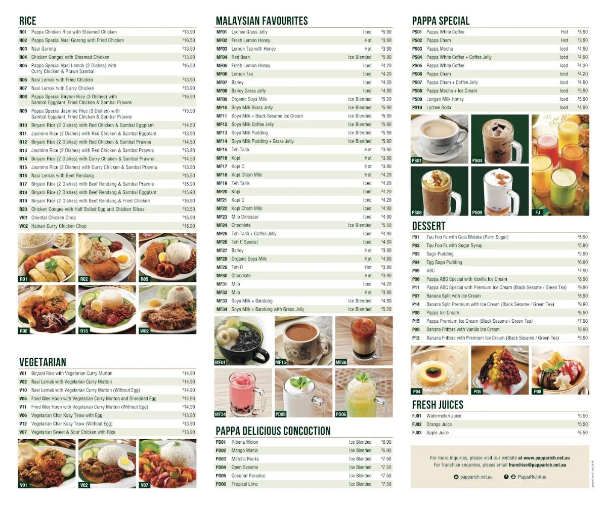 Menu, PappaRich Northland