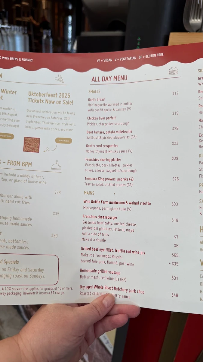 Menu, Frenchies Bistro and Brewery