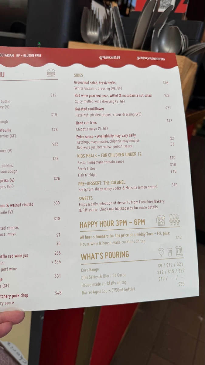 Menu, Frenchies Bistro and Brewery