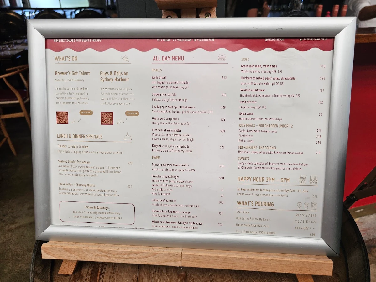 Menu, Frenchies Bistro and Brewery