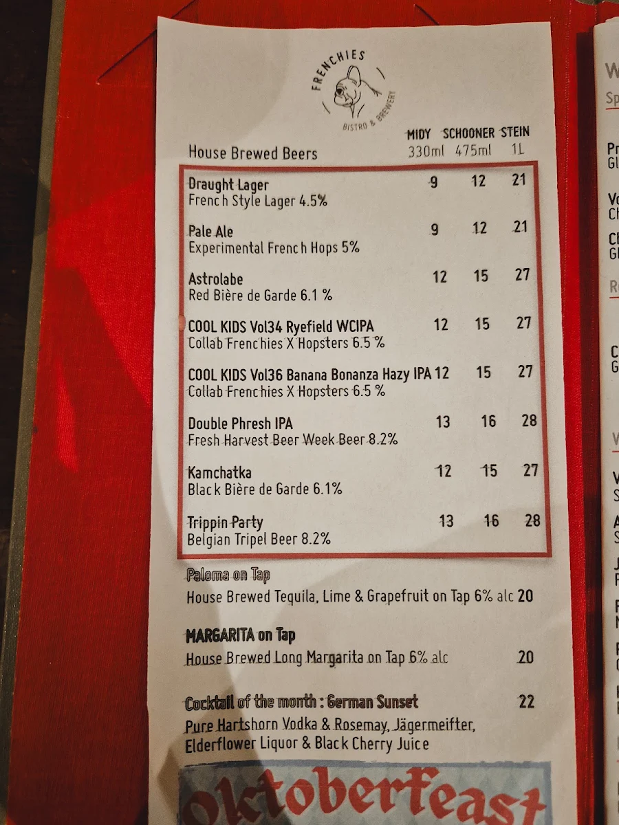 Menu, Frenchies Bistro and Brewery