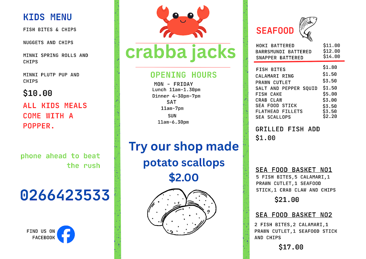 Menu, Crabba Jack's Take Away Food
