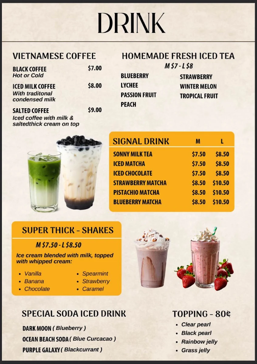 Menu, Sonny Boy Vietnamese Kitchen