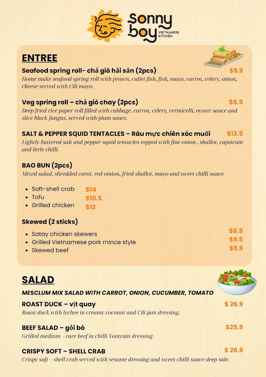 Menu, Sonny Boy Vietnamese Kitchen