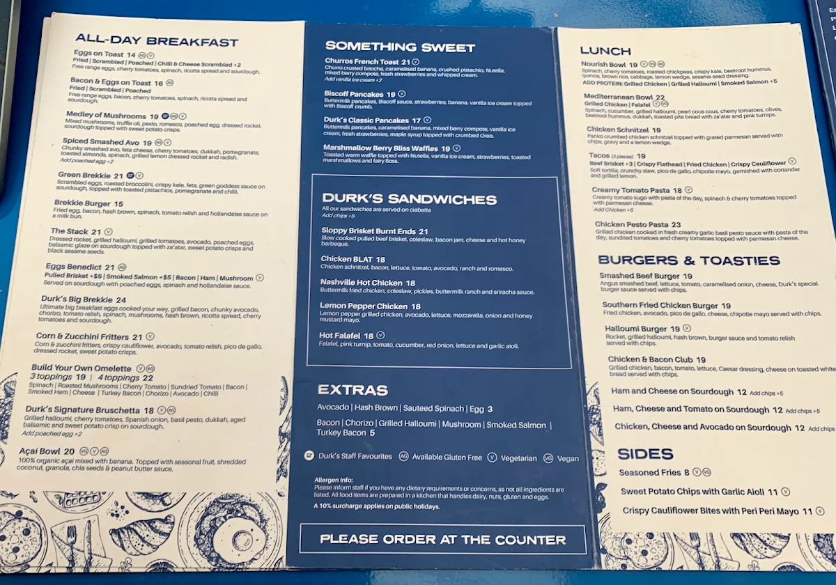 Menu, Durk's Cafe + Eatery Colonnades