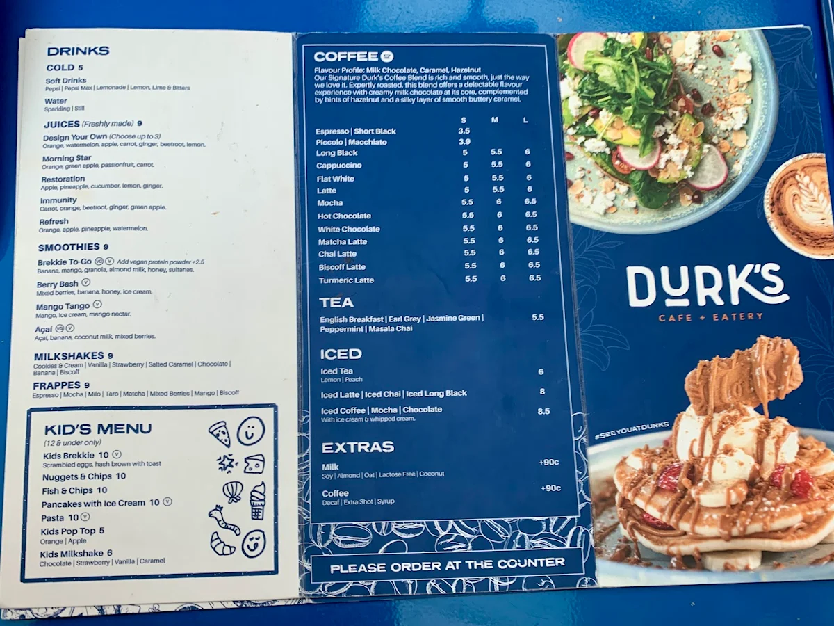 Menu, Durk's Cafe + Eatery Colonnades