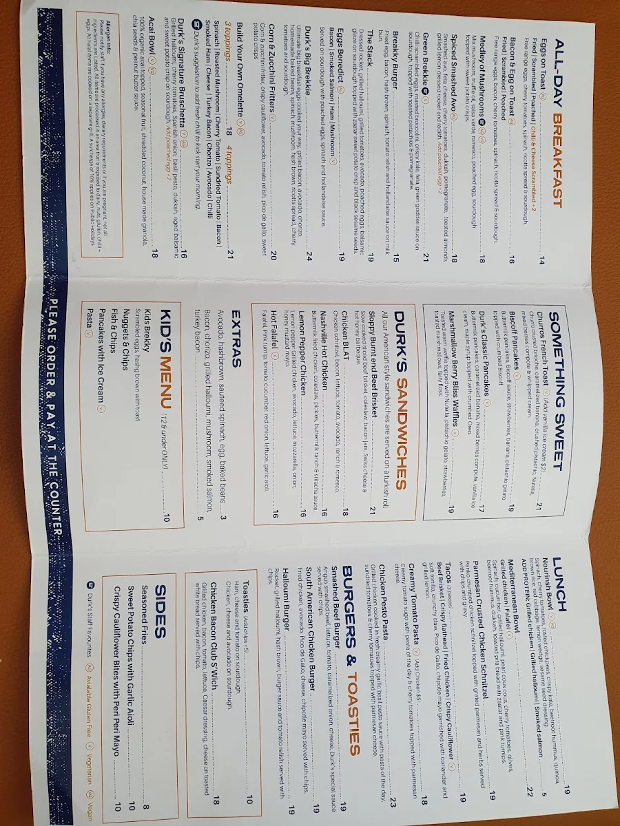 Menu, Durk's Cafe + Eatery Colonnades
