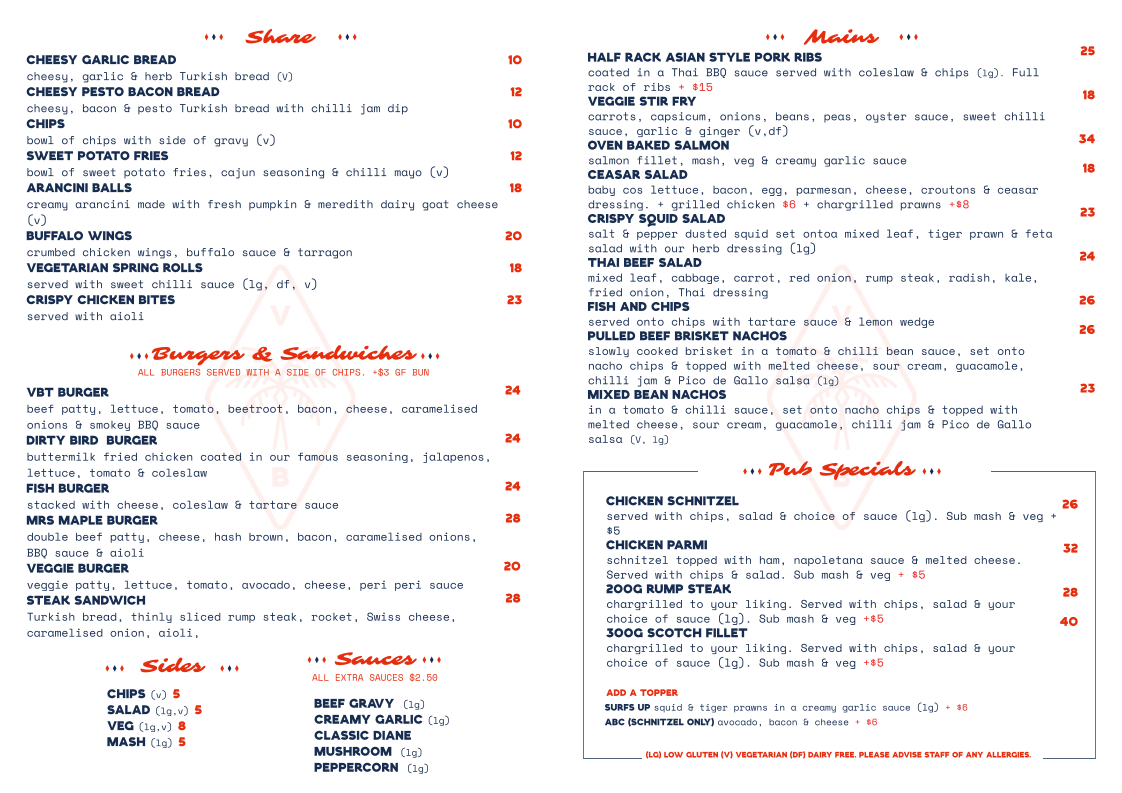 Menu, Valla Beach Tavern