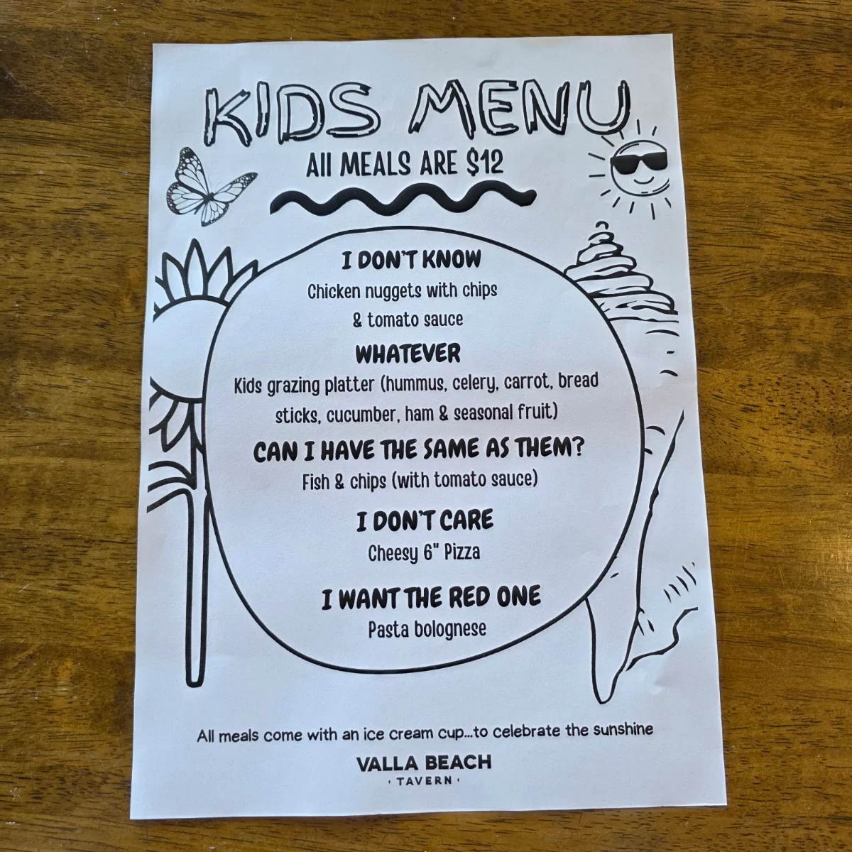 Menu, Valla Beach Tavern