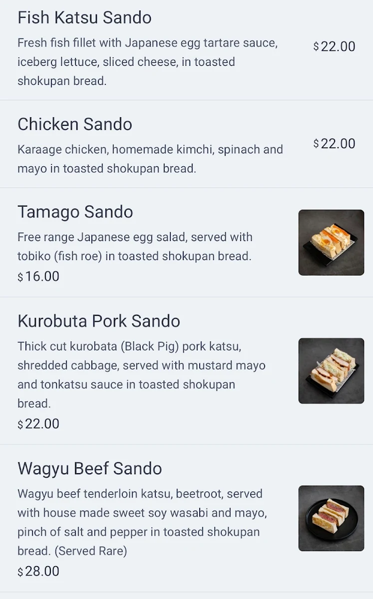 Menu, Goya Cafe